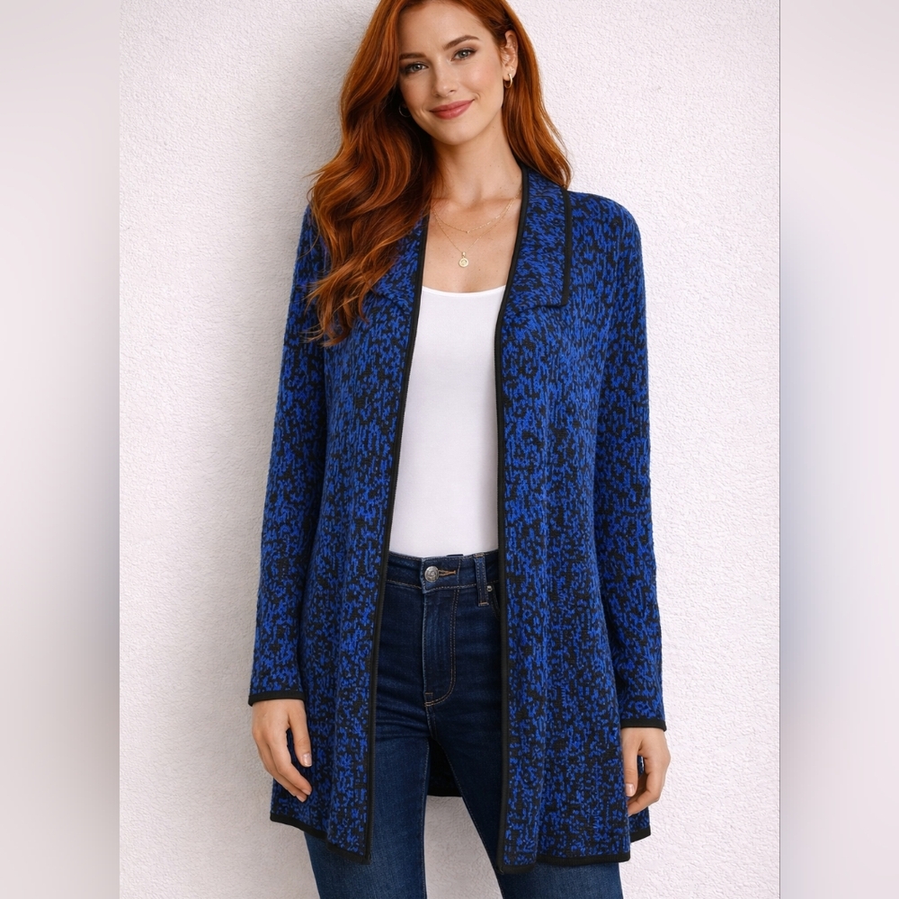 Laura Ashley Blue Black Knit Open Front Cardigan Jacket Wool Blend Sz XL Classic